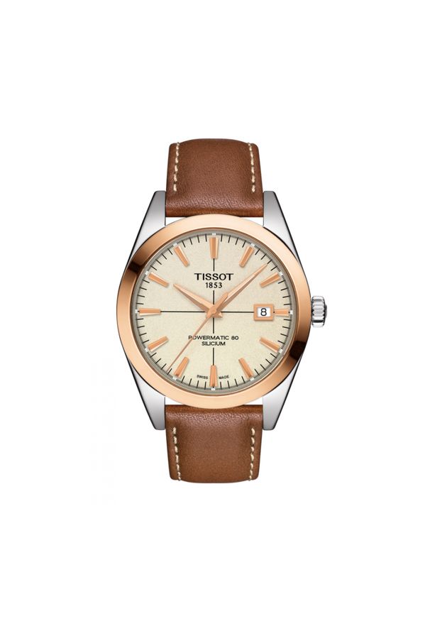 TISSOT PROMOCJA Gentleman Powermatic 80 Silicium Solid 18k Gold Bezel T927.407.46.261.00. Materiał: skóra, materiał. Styl: casual, klasyczny, elegancki, retro
