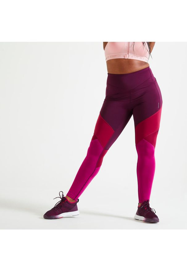 DOMYOS - Legginsy fitness damskie Domyos Color Block. Stan: podwyższony. Materiał: skóra, materiał. Sport: fitness