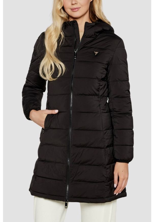 Guess - GUESS Czarna długa damska kurtka New Aleta. Kolor: czarny. Długość: długie