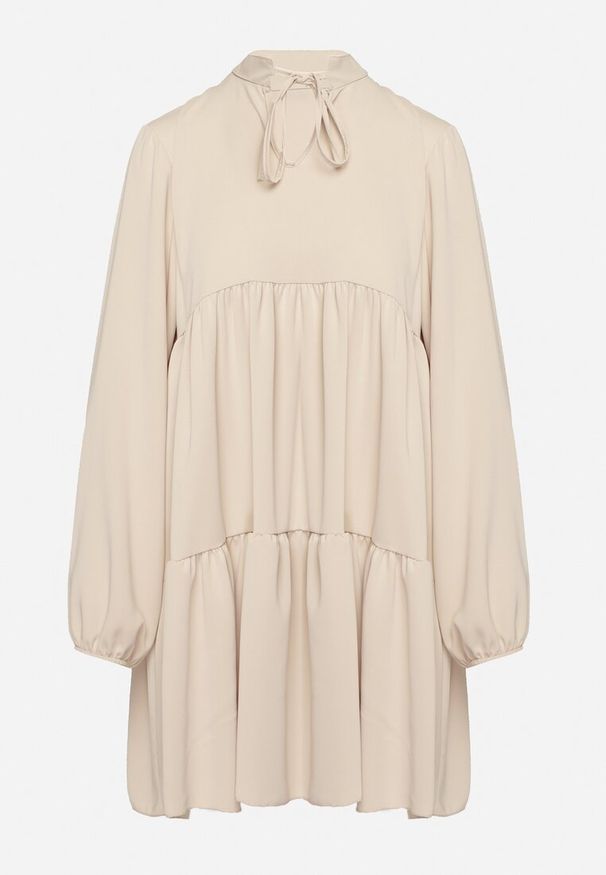 Born2be - Beżowa Rozkloszowana Sukienka z Falbanką Uxaria. Typ kołnierza: kołnierz z falbankami. Kolor: beżowy. Długość rękawa: długi rękaw. Wzór: aplikacja. Styl: elegancki