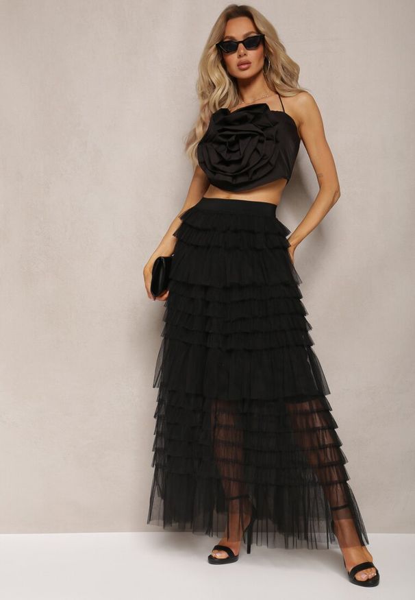 Renee - Czarna Spódnica z Falbankami Rozkloszowana Maxi z Bawełny Alare. Kolor: czarny. Materiał: bawełna. Styl: elegancki