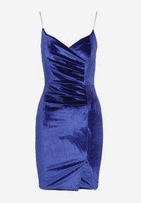 Born2be - Niebieska Dopasowana Sukienka Welurowa z Kopertowym Dekoltem Evicco. Typ kołnierza: dekolt kopertowy. Kolor: niebieski. Materiał: welur. Wzór: aplikacja. Typ sukienki: kopertowe. Styl: elegancki #6