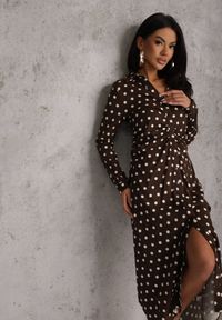 Renee - Brązowa Koszulowa Sukienka z Wiskozy z Dodatkiem Lnu z Drapowaną Talią Edrilith. Okazja: na co dzień. Kolor: brązowy. Materiał: wiskoza, len. Typ sukienki: koszulowe. Styl: elegancki, casual #1