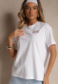 Renee - Biało-Niebieski T-shirt Oversize z Bawełny Ozdobiony Nadrukiem Filiora. Okazja: na co dzień. Kolor: biały. Materiał: bawełna. Wzór: aplikacja, nadruk. Styl: casual