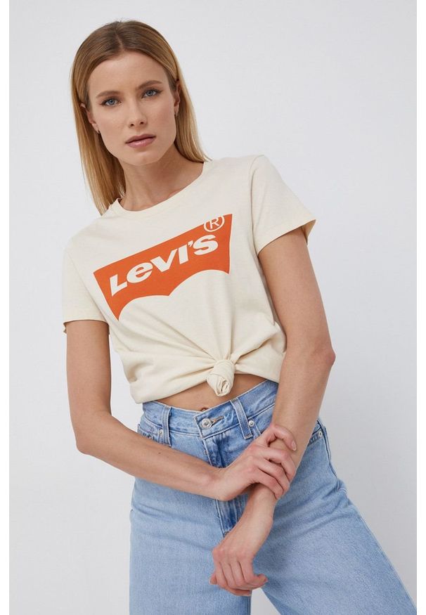 Levi's® - Levi's T-shirt bawełniany kolor kremowy. Okazja: na spotkanie biznesowe, na co dzień. Kolor: beżowy. Materiał: bawełna. Wzór: nadruk. Styl: biznesowy, casual