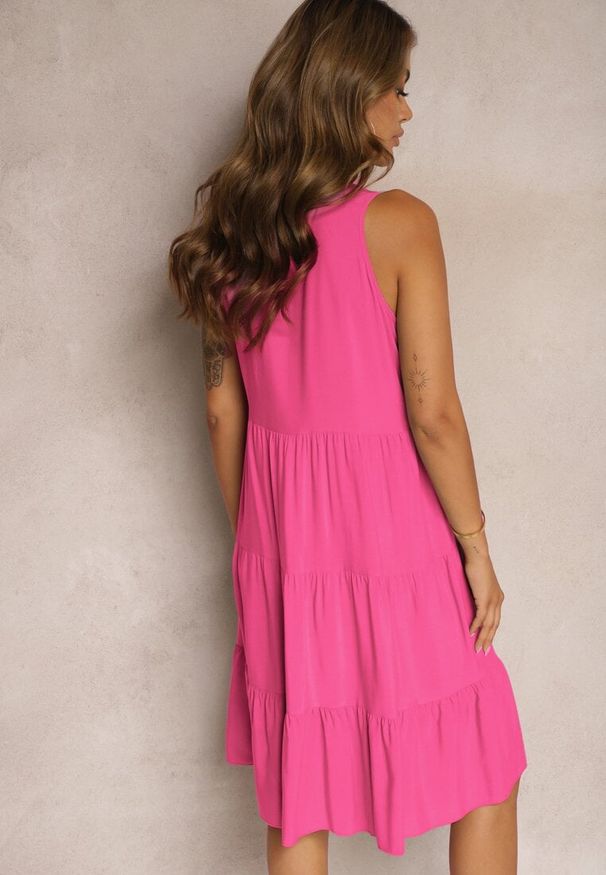 Renee - Fuksjowa Bawełniana Sukienka o Rozkloszowanym Kroju Bez Rękawów Gladea. Okazja: na co dzień, na randkę. Kolor: różowy. Materiał: bawełna. Długość rękawa: bez rękawów. Sezon: jesień, lato. Typ sukienki: proste. Styl: casual, elegancki