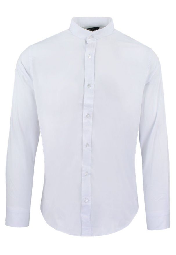 Koszula Taliowana na Stójce, Męska - Rigon - Biała. Typ kołnierza: kołnierzyk stójkowy. Kolor: biały. Materiał: bawełna, poliester, lyocell