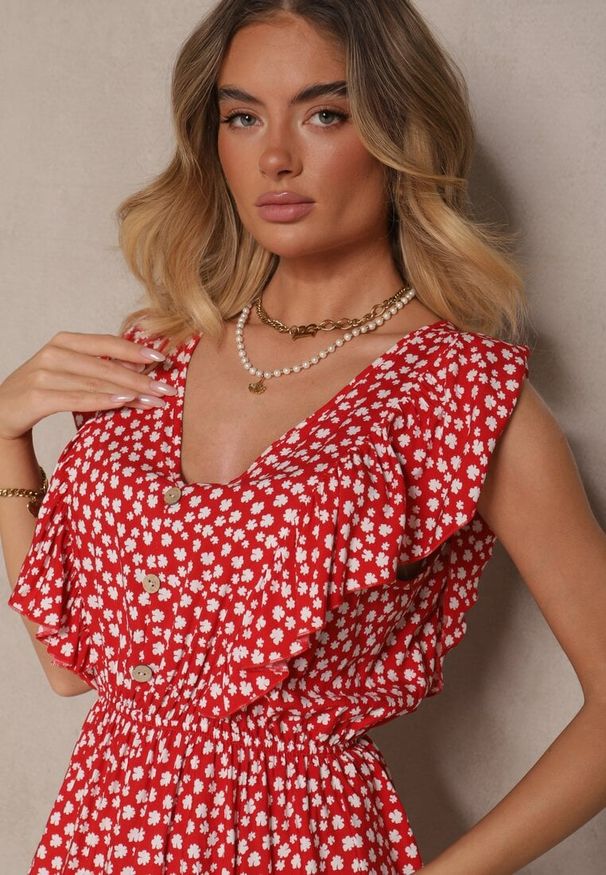 Renee - Czerwona Bawełniana Sukienka o Rozkloszowanym Kroju z Guzikami w Kwiatowy Wzór Roniva. Okazja: na co dzień, na imprezę. Kolor: czerwony. Materiał: bawełna. Wzór: kwiaty. Sezon: lato. Typ sukienki: rozkloszowane, proste. Styl: casual