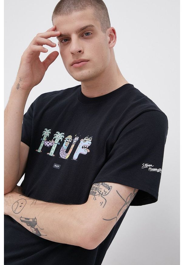 HUF T-shirt bawełniany kolor czarny z nadrukiem. Okazja: na co dzień. Kolor: czarny. Materiał: bawełna. Wzór: nadruk. Styl: casual