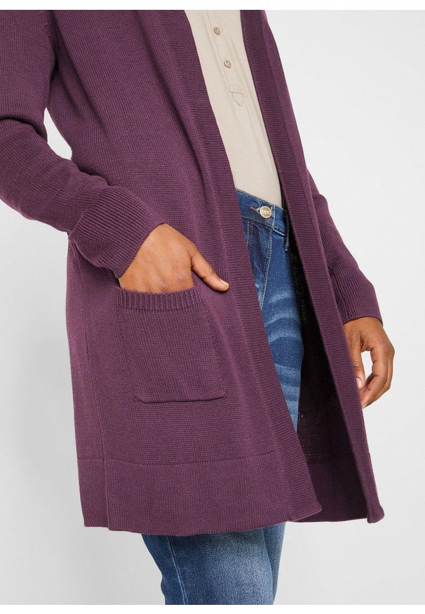 bonprix - Długi sweter dzianinowy bez zapięcia, długi rękaw. Kolor: fioletowy. Materiał: dzianina. Długość rękawa: długi rękaw. Długość: długie