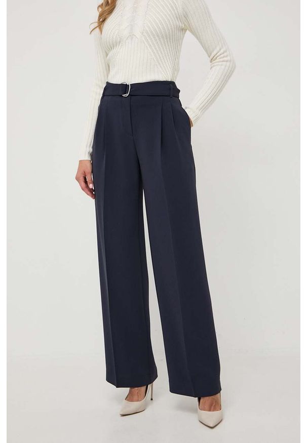 BOSS spodnie damskie kolor granatowy proste high waist. Okazja: na co dzień. Stan: podwyższony. Kolor: niebieski. Styl: casual