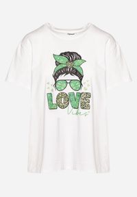 Born2be - Biało-Zielony Bawełniany T-shirt z Nadrukiem z Przodu Sarilla. Kolor: biały. Materiał: bawełna. Wzór: nadruk. Sezon: lato #4