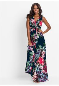 bonprix - Długa sukienka letnia. Kolor: niebieski. Wzór: nadruk, aplikacja, kwiaty. Sezon: lato. Długość: maxi #1