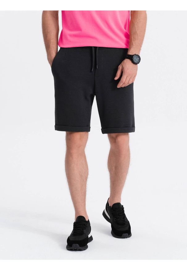 Ombre Clothing - Dzianinowe szorty męskie z podwiniętymi nogawkami - czarne V2 - Rozmiar: L. Okazja: na co dzień. Kolor: czarny. Materiał: dzianina. Wzór: jednolity. Styl: casual, klasyczny