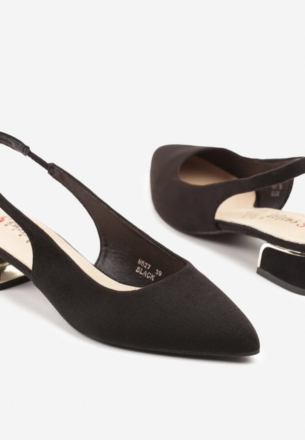 Renee - Czarne Sandały Typu Slingback ze Skórzaną Wkładką i Metaliczną Wstawką Wevessa. Okazja: na co dzień. Zapięcie: sprzączka. Kolor: czarny. Materiał: skóra. Styl: elegancki, casual