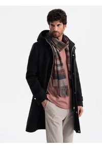 Ombre Clothing - Długi monochromatyczny męski płaszcz z kapturem – czarny V3. Okazja: na co dzień. Typ kołnierza: kaptur. Kolor: czarny. Materiał: wiskoza, tkanina, poliester, materiał, syntetyk. Długość: długie. Styl: wizytowy, casual, elegancki