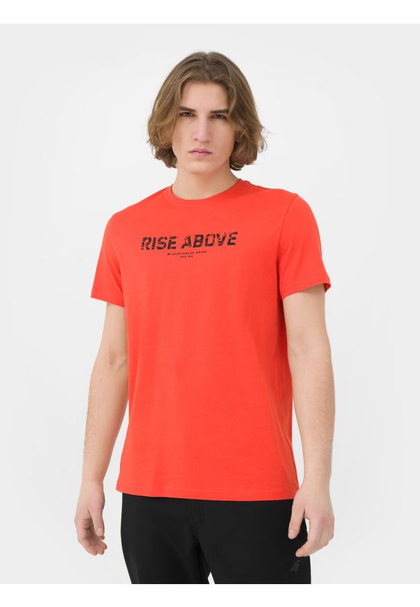 4f - T-shirt regular z bawełny organicznej męski. Kolor: czerwony. Materiał: bawełna. Wzór: napisy