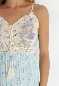Born2be - Jasnoniebieska Sukienka Bakrey. Kolor: niebieski. Materiał: koronka, wiskoza, tkanina. Długość rękawa: na ramiączkach. Wzór: aplikacja, kwiaty, nadruk. Sezon: lato. Długość: maxi #2