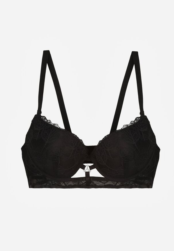 Renee - Czarny Koronkowy Biustonosz w Klasycznym Stylu z Aplikacją Galinassa. Kolor: czarny. Materiał: koronka. Wzór: aplikacja