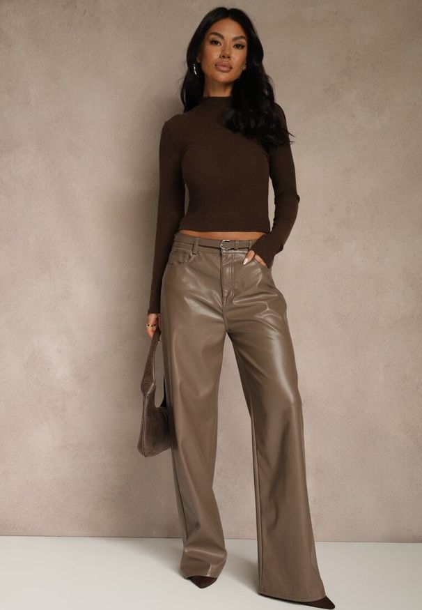 Renee - Brązowa Półtransparentna Bluzka Longsleeve ze Stójką z Dodatkiem Wiskozy Tusliana. Okazja: na imprezę. Typ kołnierza: kołnierzyk stójkowy. Kolor: brązowy. Materiał: wiskoza. Długość rękawa: długi rękaw