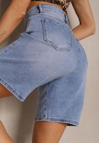 Renee - Niebieskie Szorty Jeansowe High Waist o Kroju Bermudów Tenibella. Stan: podwyższony. Kolor: niebieski. Materiał: jeans. Wzór: aplikacja. Styl: klasyczny, elegancki #3