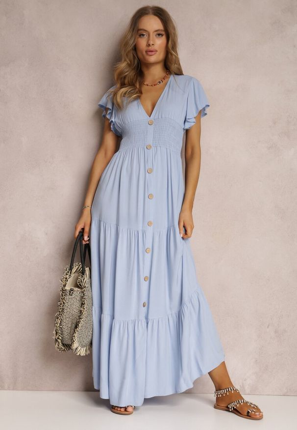 Renee - Jasnoniebieska Sukienka z Wiskozy Lobsy. Okazja: na co dzień, na spacer. Kolor: niebieski. Materiał: wiskoza. Długość rękawa: krótki rękaw. Wzór: aplikacja, gładki. Sezon: lato. Styl: casual. Długość: maxi