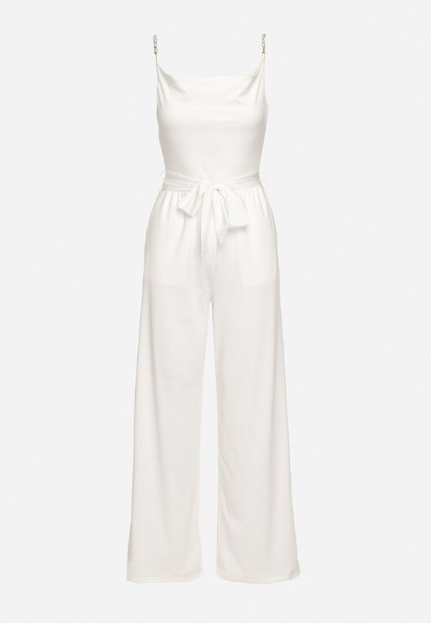 Born2be - Biały Kombinezon na Ozdobnych Ramiączkach z Gumką w Pasie i Materiałowym Paskiem Cinna. Kolor: biały. Materiał: materiał. Długość rękawa: na ramiączkach. Styl: klasyczny