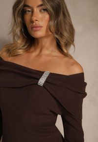Renee - Brązowy Sweter z Wiskozą i Ozdobą z Cyrkonii Mirrise. Okazja: na co dzień. Kolor: brązowy. Materiał: wiskoza. Wzór: aplikacja. Styl: elegancki, casual, klasyczny #7