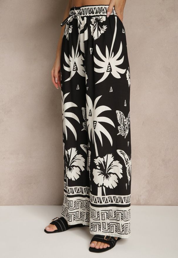 Renee - Czarne Szerokie Spodnie z Gumką w Pasie w Stylu Boho Evirami. Kolor: czarny. Sezon: lato. Styl: boho