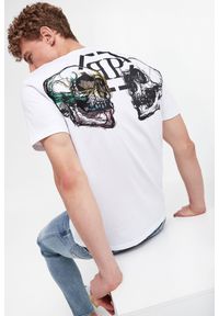 Philipp Plein - T-shirt męski PHILIPP PLEIN. Materiał: skóra, prążkowany. Długość rękawa: krótki rękaw. Długość: krótkie. Wzór: aplikacja, nadruk, kolorowy, haft