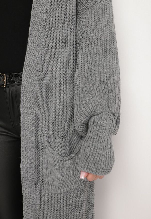 Born2be - Szary Kardigan Długi z Bufiastym Rękawem Folote. Okazja: na co dzień. Kolor: szary. Materiał: tkanina, bawełna. Długość: długie. Styl: casual, elegancki