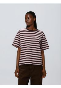 Reserved - T-shirt w paski z nadrukiem - pastelowy róż. Kolor: różowy. Materiał: dzianina, bawełna. Wzór: nadruk, paski