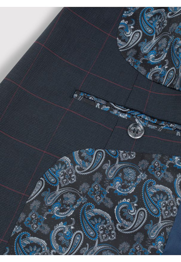 Pako Lorente - PAKO LORENTE – Granatowa marynarka garniturowa w bordową kratę Windowpane. Kolor: wielokolorowy, niebieski, czerwony. Materiał: wełna