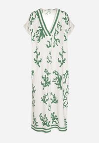 Born2be - Zielono-Beżowa Sukienka z Lnem i Wiskozą o Pudełkowym Kroju Sadirene. Okazja: na co dzień, na spotkanie biznesowe. Kolor: zielony. Materiał: len, wiskoza. Wzór: kwiaty. Sezon: wiosna, lato. Styl: biznesowy, casual, elegancki #3