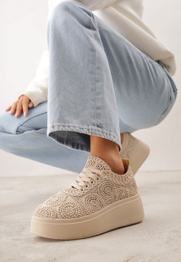 Born2be - Beżowe Sneakersy z Plecionki na Grubej Podeszwie w Stylu Boho Dacara. Okazja: na co dzień. Kolor: beżowy. Materiał: jeans. Szerokość cholewki: normalna