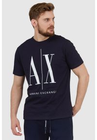Armani Exchange - ARMANI EXCHANGE Granatowy t-shirt męski z dużym logo, Rozmiar M. Kolor: niebieski. Materiał: prążkowany