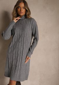 Renee - Szara Prążkowana Sukienka z Golfem z Dzianiny z Wełną Essandra. Okazja: na co dzień. Typ kołnierza: golf. Kolor: szary. Materiał: wełna, prążkowany, dzianina. Typ sukienki: proste. Styl: casual
