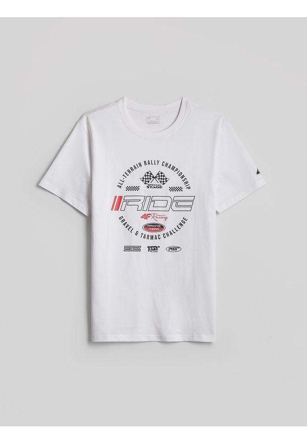 4f - 4F T-shirt regular z nadrukiem męski - biały M. Okazja: na co dzień, do pracy. Kolor: biały. Materiał: bawełna, materiał, jeans, dzianina. Wzór: nadruk. Styl: casual, sportowy, klasyczny