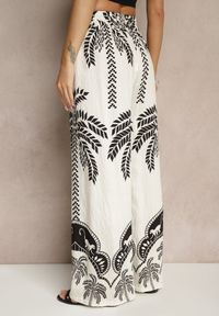 Renee - Białe Spodnie z Wiskozy o Szerokim Kroju High Waist z Palmami Varritia. Okazja: na co dzień. Stan: podwyższony. Kolor: biały. Materiał: wiskoza. Sezon: lato. Styl: elegancki, casual