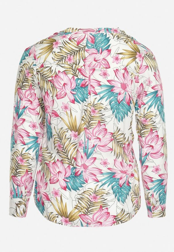 Born2be - Biało-Różowa Wiskozowa Bluzka w Kwiaty Nireta. Kolor: biały. Materiał: wiskoza. Wzór: kwiaty