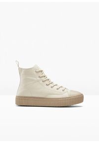 bonprix - Wysokie sneakersy na podeszwie platformie. Kolor: beżowy. Materiał: skóra. Obcas: na platformie