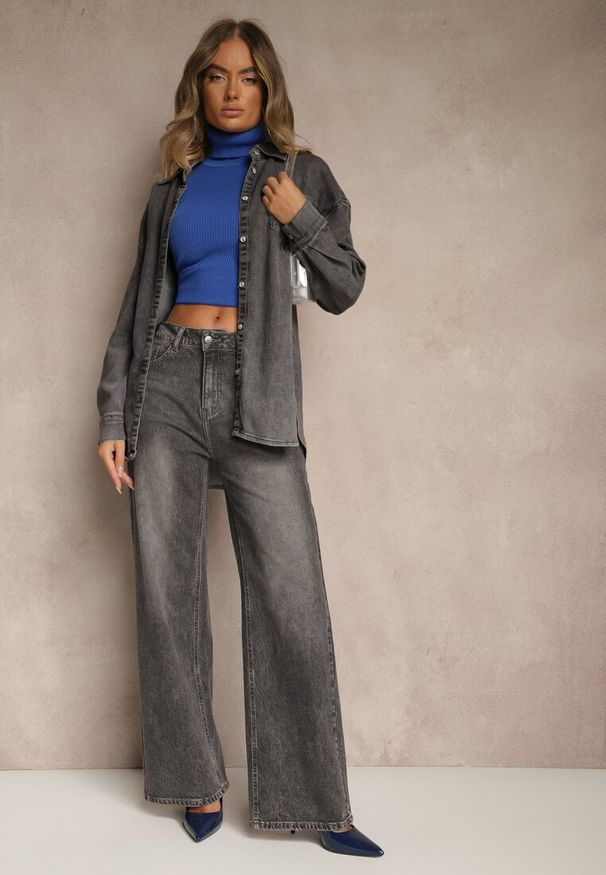 Renee - Szare Jeansy High Waist o Szerokim Kroju Tessine. Stan: podwyższony. Kolor: szary. Styl: sportowy