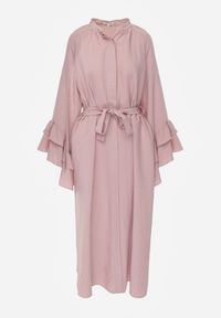 Born2be - Różowa Wiskozowa Sukienka Koszulowa z Falbanami przy Rękawach i Paskiem Dinirae. Okazja: na co dzień. Kolor: różowy. Materiał: wiskoza. Typ sukienki: koszulowe. Styl: casual, klasyczny #2