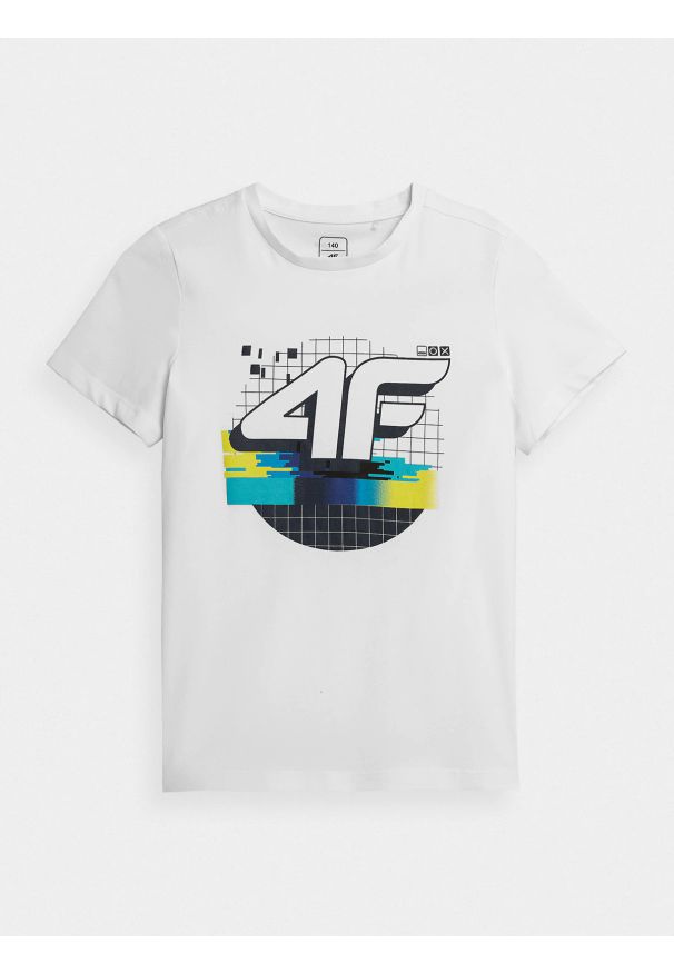 4f - T-shirt z nadrukiem chłopięcy. Kolor: biały. Materiał: dzianina, materiał, bawełna. Wzór: nadruk