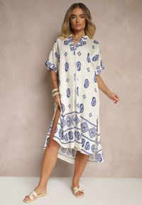 Renee - Niebiesko-Kremowa Sukienka z Wiskozy w Stylu Boho o Pudełkowym Kroju z Rozcięciami Virbia. Okazja: na co dzień. Typ kołnierza: dekolt w serek. Kolor: niebieski. Materiał: wiskoza. Długość rękawa: krótki rękaw. Styl: boho #4