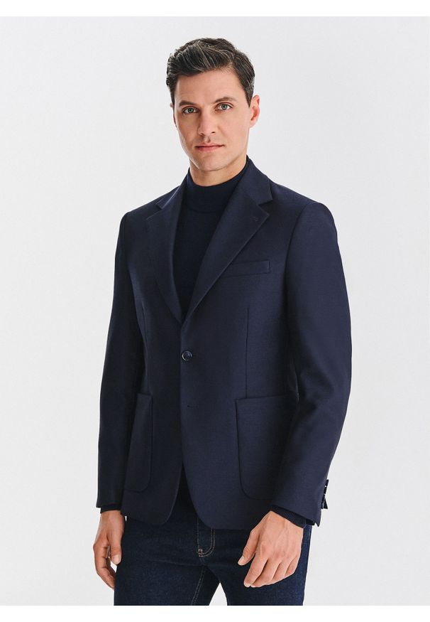 Pako Lorente - PAKO LORENTE - Granatowa marynarka jednorzędowa. Kolor: niebieski. Materiał: wełna