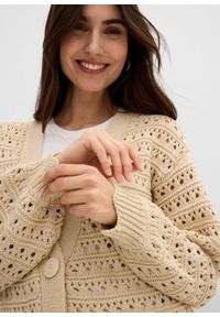 bonprix - Kardigan w ażurowy wzór z czystej bawełny. Kolor: beżowy. Materiał: bawełna. Wzór: ażurowy #2