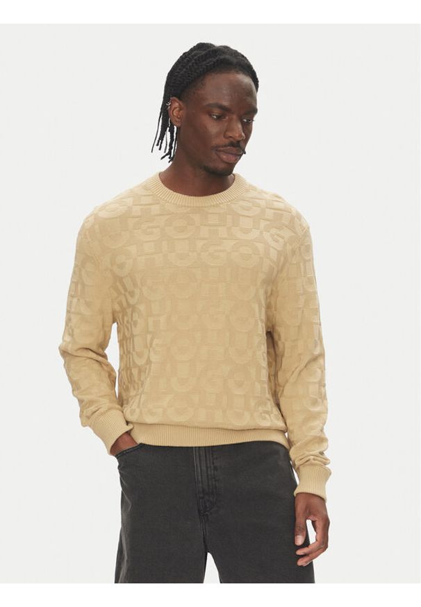 Hugo - HUGO Sweter 50543785 Beżowy Regular Fit. Kolor: beżowy. Materiał: bawełna