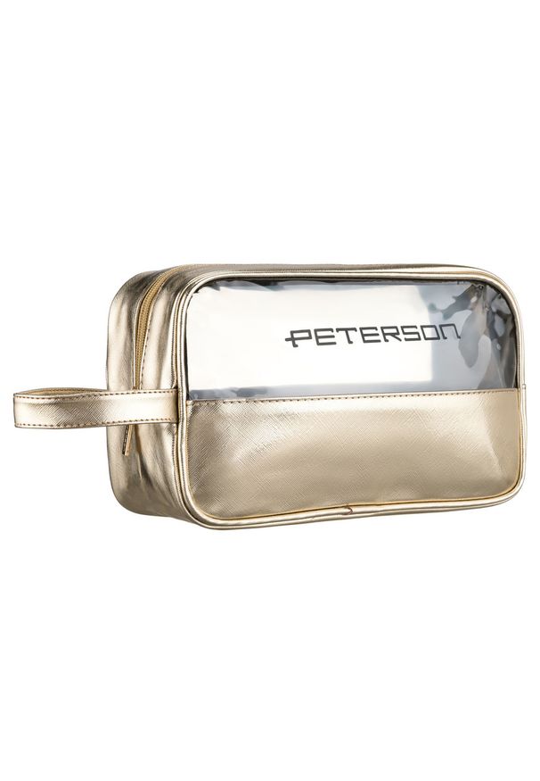 Złota kosmetyczka z tkaniny syntetycznej wyposażona w wygodny uchwyt i przezroczysty panel - Peterson. Kolor: złoty. Materiał: tkanina, syntetyk