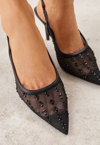 Renee - Czarne Sandały Slingback na Szpilce z Siateczki Zdobione Cyrkoniami Lilinyra. Nosek buta: szpiczasty. Kolor: czarny. Materiał: skóra. Wzór: aplikacja. Obcas: na szpilce. Styl: elegancki #9